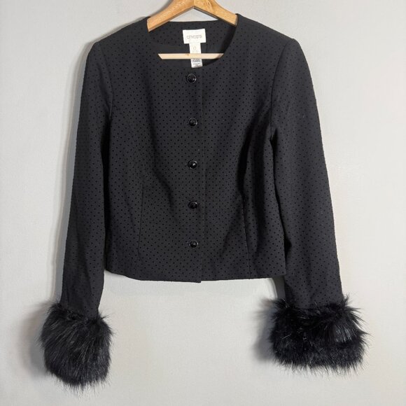 Chico's Polka Dot Blazer Jacket Faux Fur Cuffs Womens 0 Black Holiday Career NWT - Picture 3 of 12